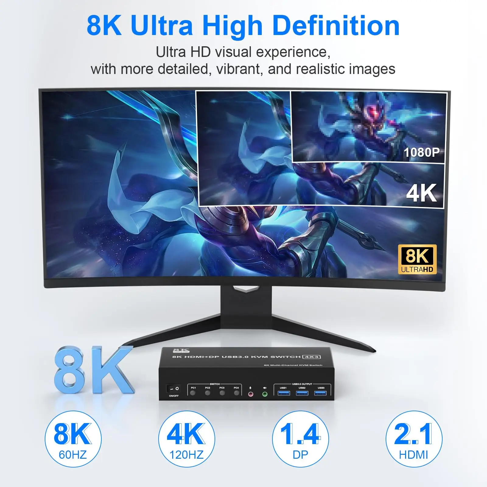 KVM Switch 3 Monitor 4 komputer 8K @ 60Hz, 2 HDMI + 1 Displayport KVM Switch Triple Monitor untuk 4 PC Share 3 Monitor 3 USB3.0 Port