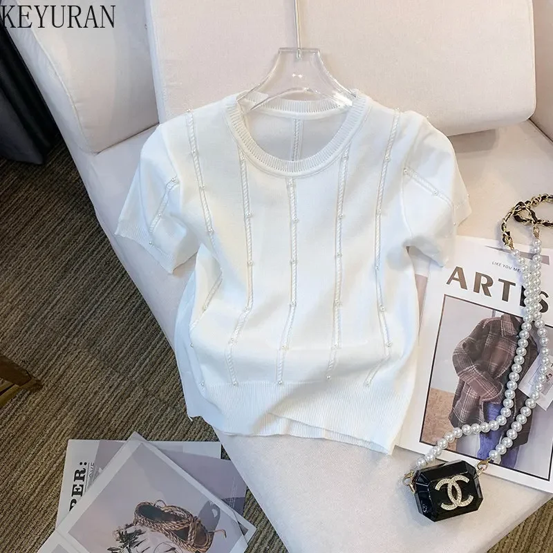 2024 Summer New Short Sleeve Sweater Women Ice Silk Knitted T-shirt Thin Slim O-Neck Peals Beading Pullover Knitwear Tops Tees