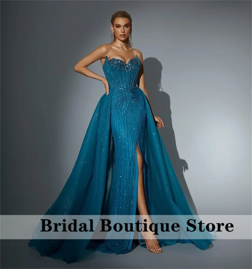

Customized Blue Beaded Evening Dress 2025 Detachable Train Wedding Party Dress Dubai Arabian Prom Gown Vestidos De Noche