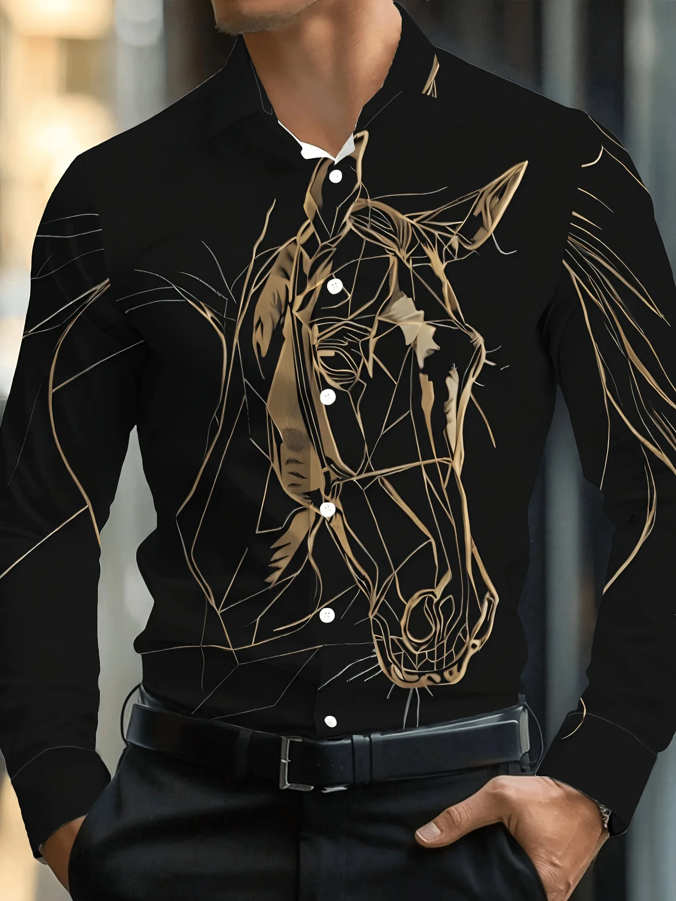 Men Long Sleeve Button Down Shirt Black Gold Geometric Horse Head Line Print Polyester Lapel Collar Party