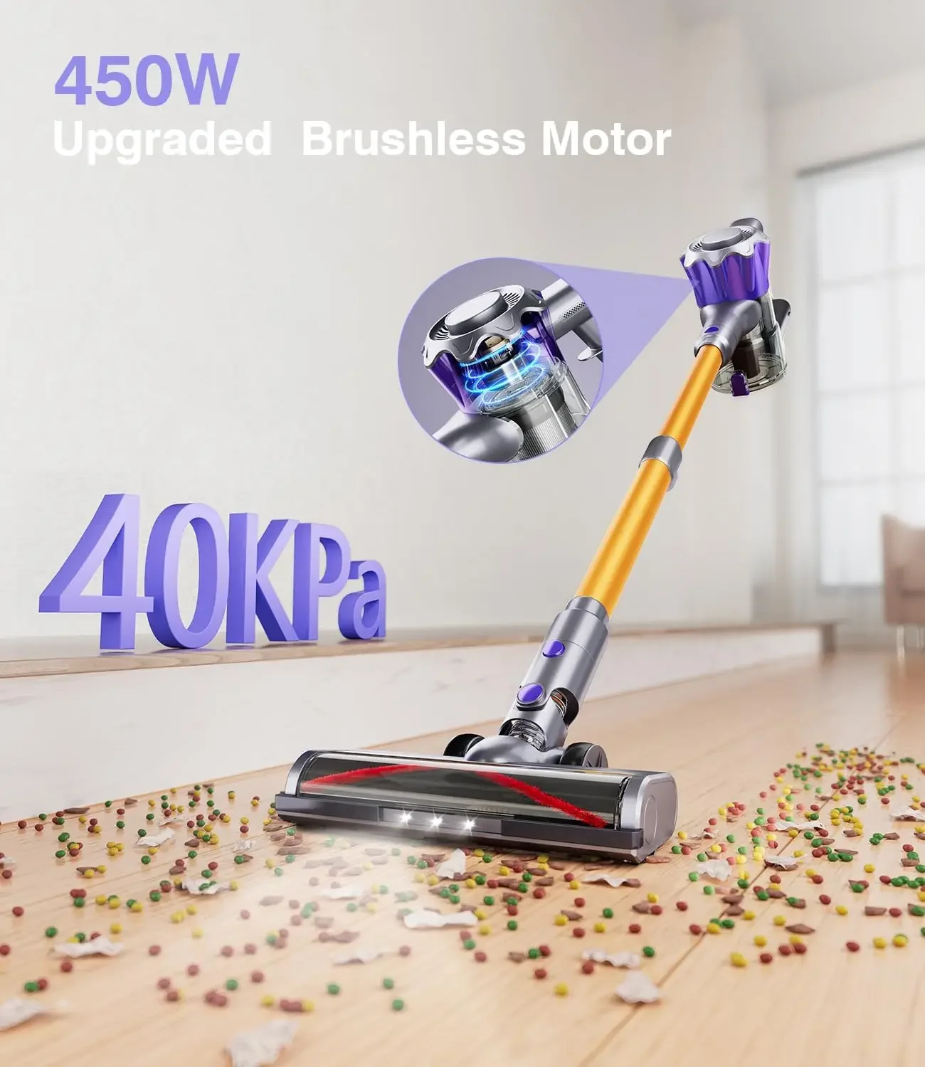 Vacuum Cleaner, 450W 40Kpa Powerful Stick Vacuum, Up to 50Mins Rechargeable Battery, Vacuum Cleaners for Home Anti-Tang