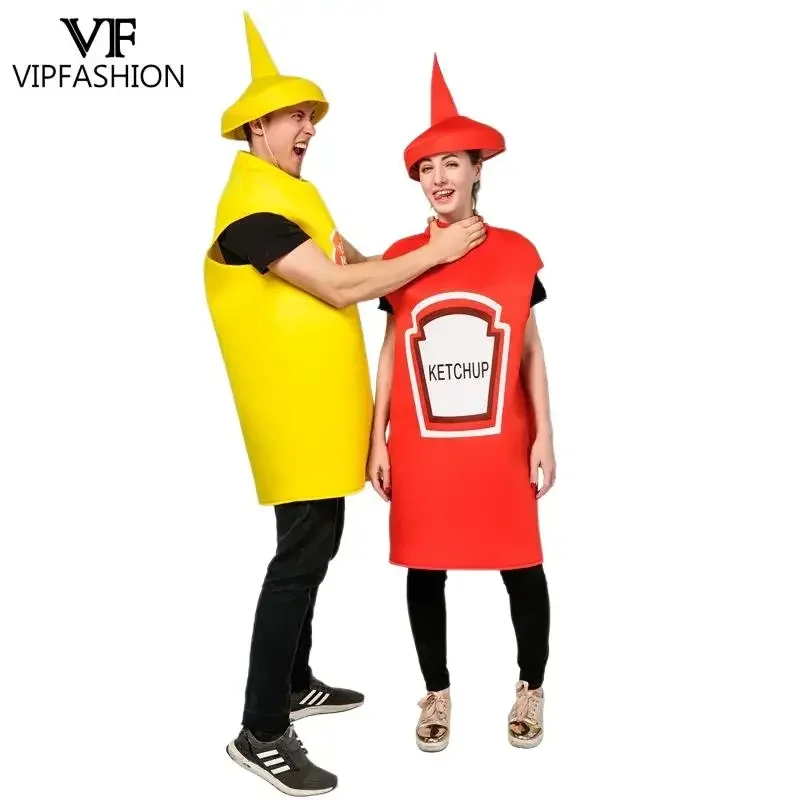 VIP FASHION Unisex Cosplay Costume Halloween Adult Couple Mustard Ketchup Jumpsuit with Cap Women Men Party Funny Food Outfit