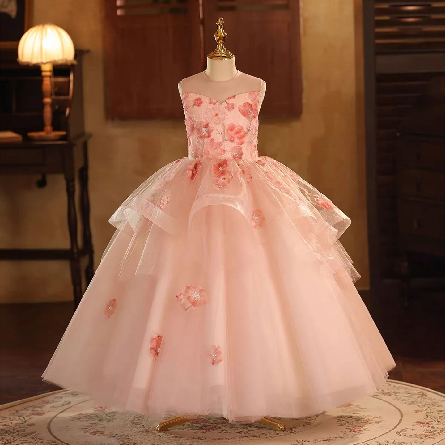 

Girls Pink Princess Layered Tulle Dress Sleeveless Watercolor Floral for Cake Smash Birthday Wedding Flower Girl Party