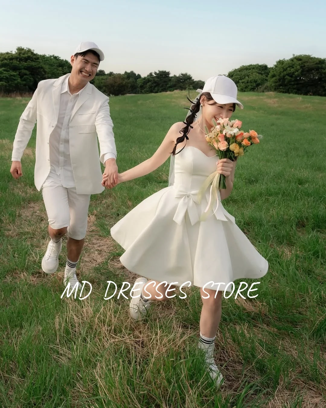 Md 2025 simlpe a linha branco vestidos de festa de casamento querida colarinho acima do joelho plissado coreia sessão de fotos vestidos de noiva personalizados