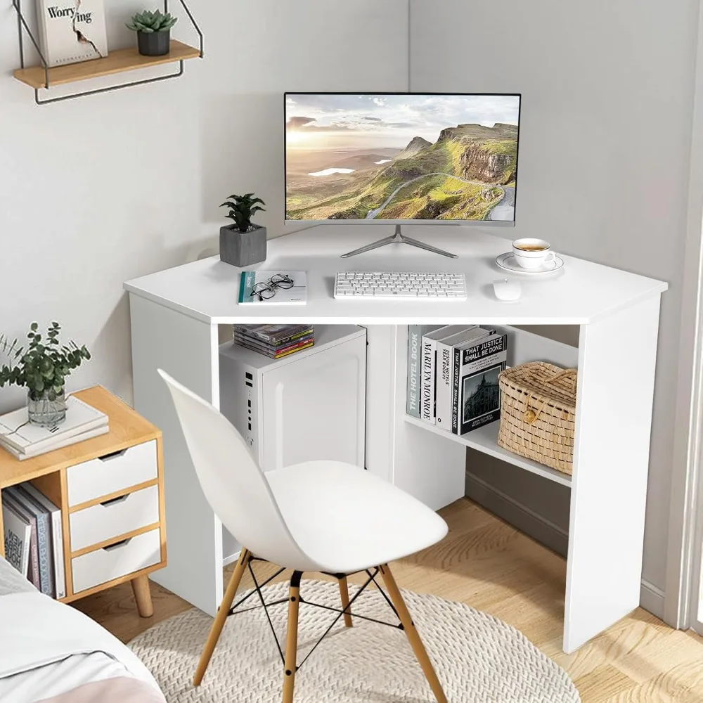 

Corner Computer Desk, Space-Saving Triangular Writing Desk w/ 2 Storage Shelves & 2 Cable Holes, Multi-Functional Consol