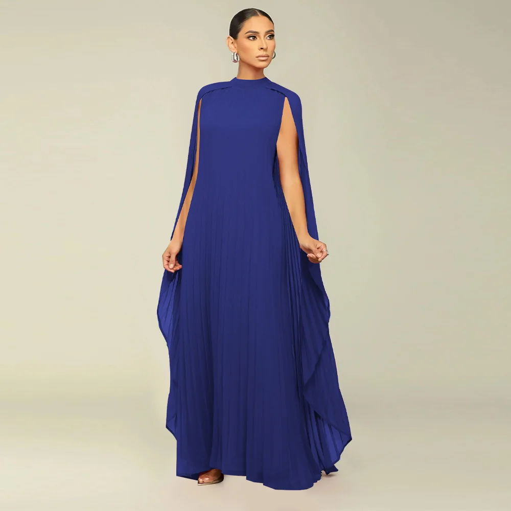 Female Stylish Solid Color Round-Neck Shawl Chiffon Evening Dresses 2024 Spring Autumn Long Sleeves Pleated A-Line Maxi Dresses