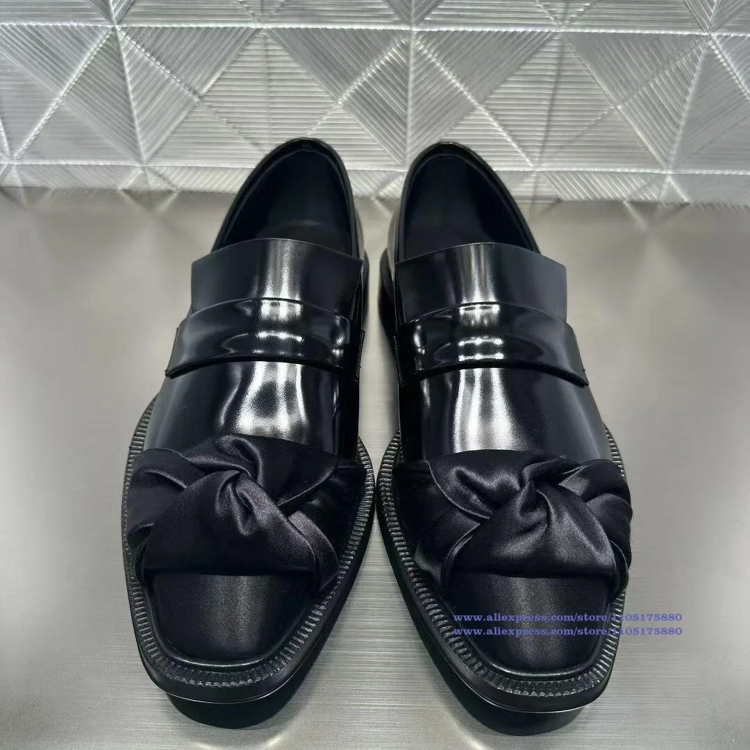 Black Gloss Patent Leather Satin Twisted Bow Loafers Elegant Knot Detail Platform Chunky Sole Slip On Dress Loafers Men's Shoes