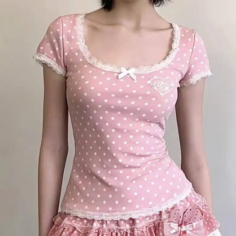 Vintage Y2K Pink Polka Dot Lace T-Shirts For Women Slim Short Sleeve Tees Harajuku Sweet Comfy Fashion Daily Tops