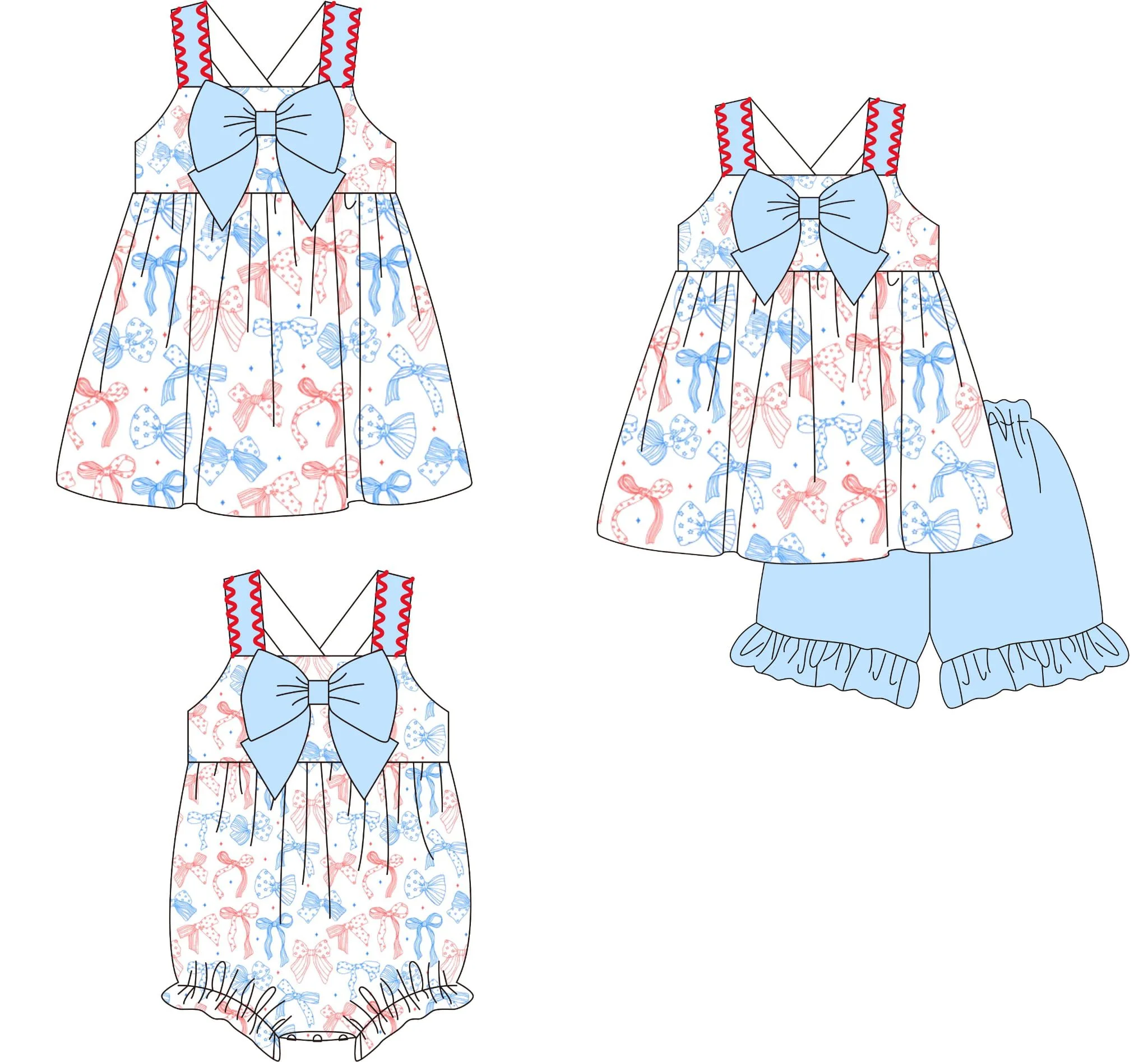 4th of July Independence Day Blue and Red Bow Print Camisole Top Ruffled Shorts Girls Summer Boutique Suit Dress and Romper