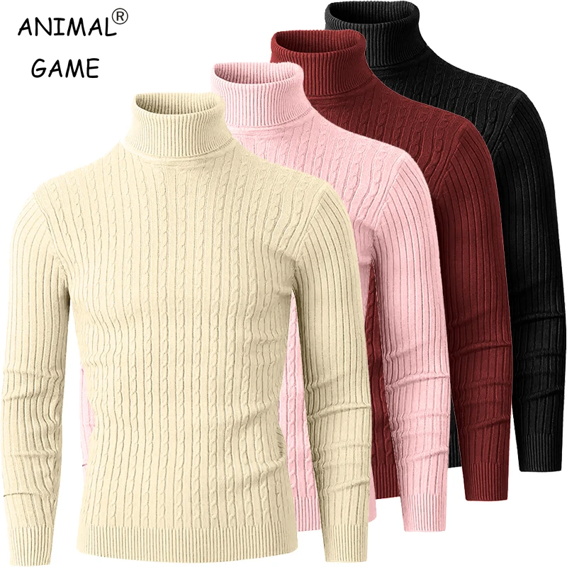 Winter Men's Turtleneck Knitted Sweater Casual Slim Fit Tops Warm Fitness Pullovers Black Oversized Sweater with Twist Patterned