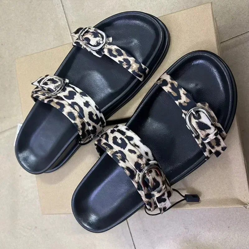 Outdoor Women Platform Slippers Chic Leopard Print Thick Sole Non-slip Female Beach Shoes Metal Double Buckle Casual Slides image 3