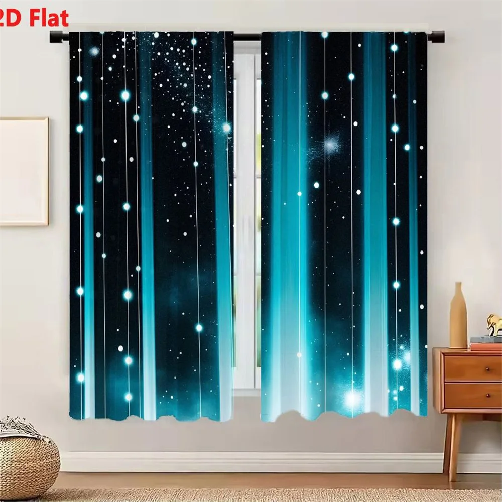 2Pcs Curtains Abstract Digital Artwork Featuring Deep Blue Cyan And White Glowing Light Beams With Sparkling Particles On Dark B