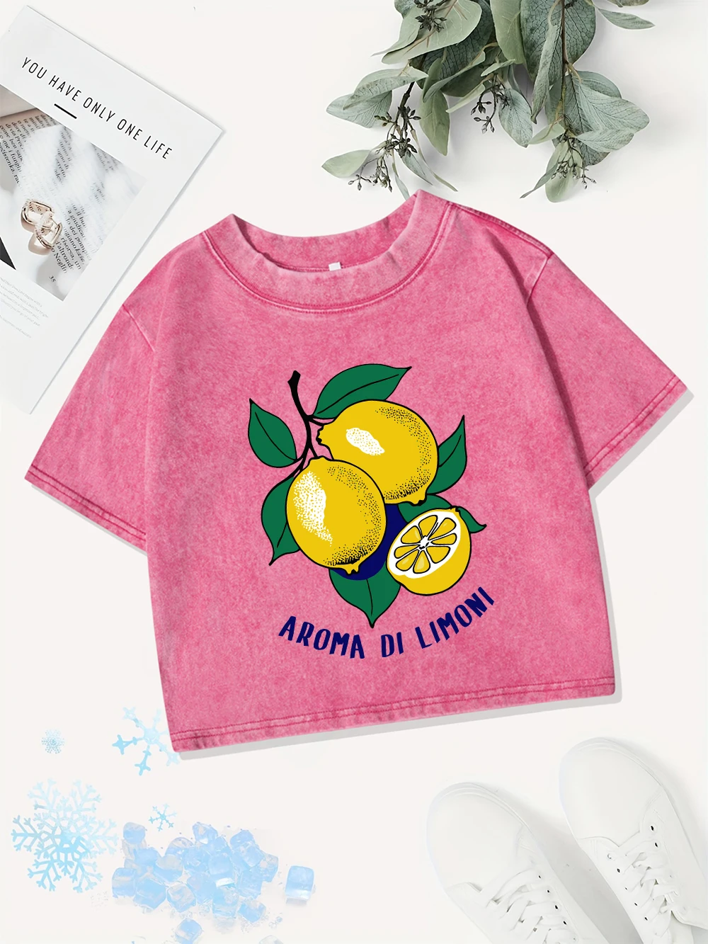 

Y2K Cotton Crop Tops Women Aroma Di Limoni Printing Washed T-Shirts Casual Regular Fit O-Neck Streetwear Street Womans Clothes