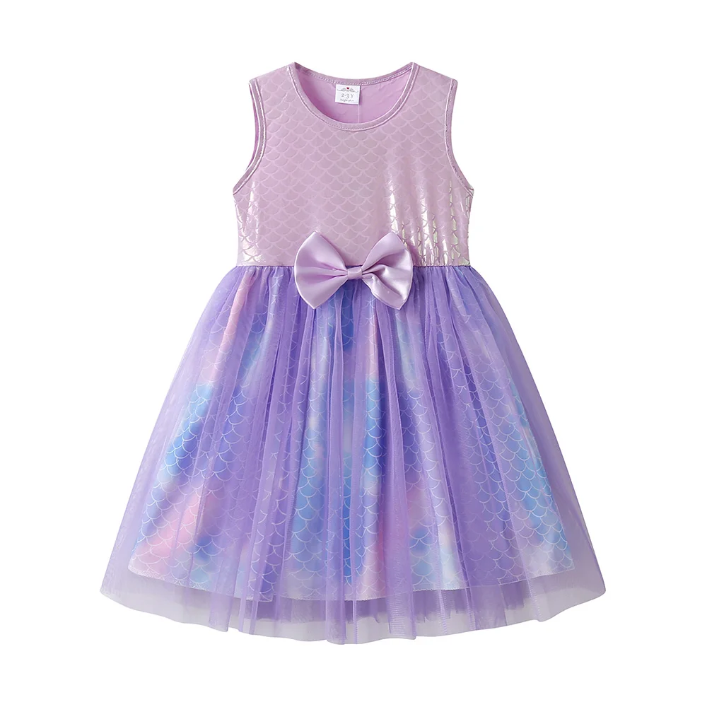 Kinder-Tüllkleid mit Meerjungfrauenschuppen-Print, ärmellos, lila, Prinzessinnenkleid, flauschig, mit Schleifenknoten, Partykleid für Mädchen – Detail 6