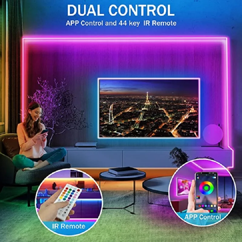 USB Strip Lights RGB Color Changing Bluetooth Lights with 44 Keys Remote Control Color 5050 Neon Lights Music Sync TV Background