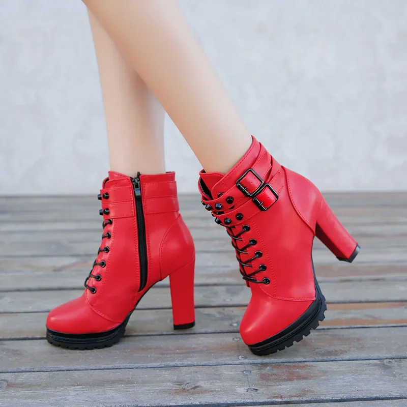 Women Platform Ankle Boots High Heels  2023 Winter Fashion Red Shoes Woman Round Toe Lace-Up Studded Leather Boots Ladies Shoe