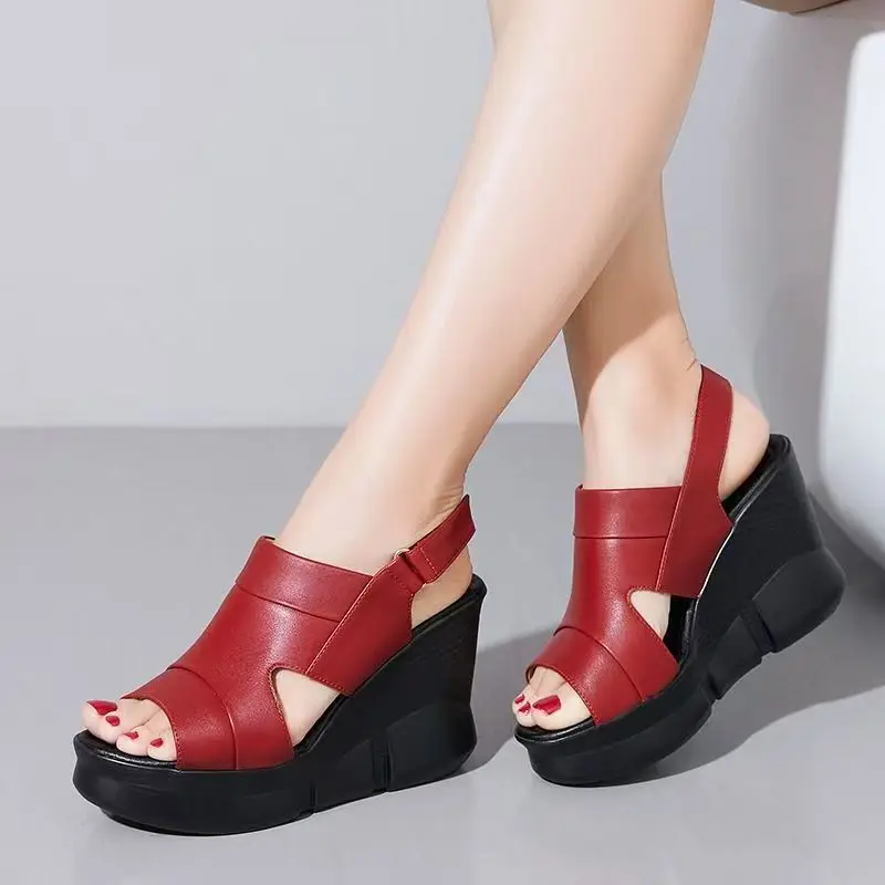 

Women Leather Wedges Peep Toe Sandals Summer New Thick Sole Hollow Out Fashionable Slip On High Heel Sandals Modern Sandals