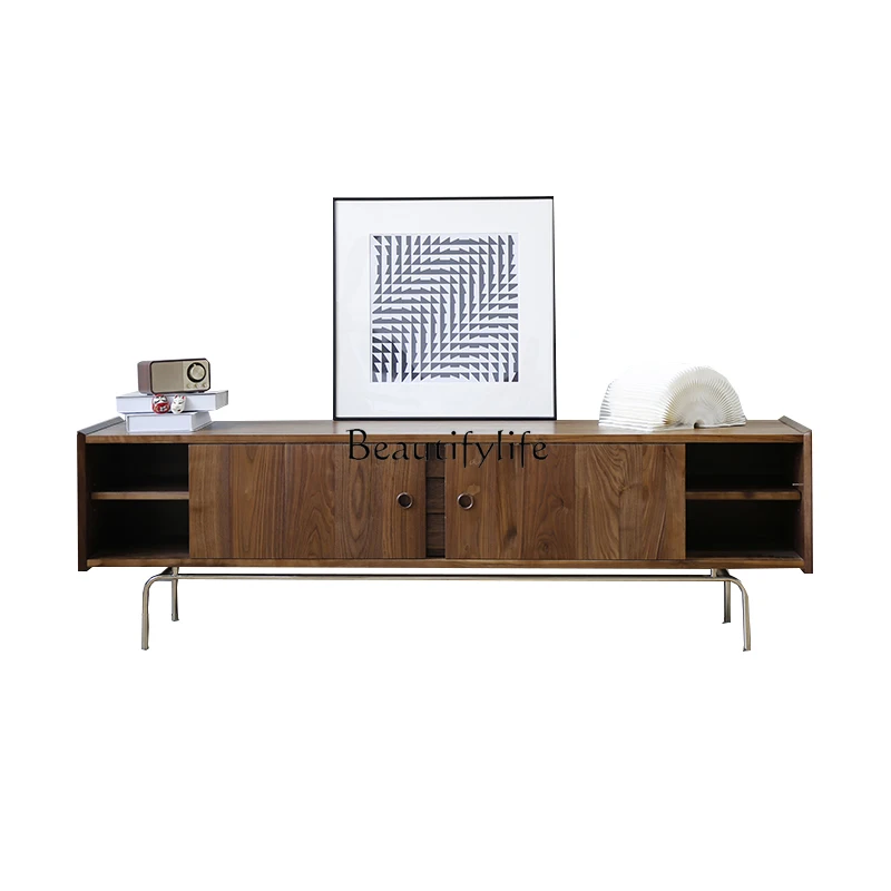 

*Solid wood retro Nordic black walnut small apartment living room TV cabinet