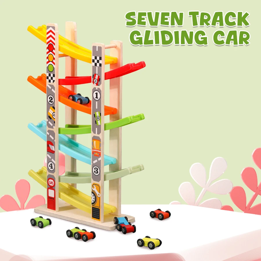 

7 Track Wooden Ramp Racing Toddler Toys Car Set Montessori Educational Game Mini Inertia Slide Roller Coaster Christmas Gifts