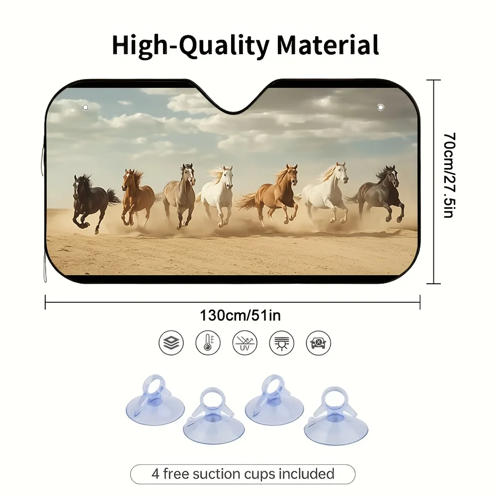 1pc Desert Galloping Horse Design Car Sunshade – Foldable & Space-Saving, Keeps Your Vehicle Cool, Easy Installation With 4 Suct