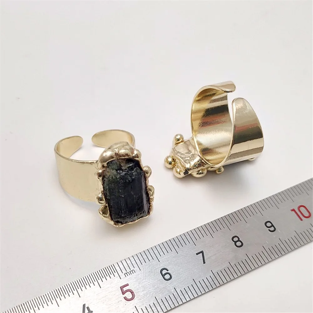 FUWO 1Pcs Natural Tourmaline Crystal Ring,Golden Plated Raw Black Gemstones Energy Ring October Birthstone Gift For Women  RG071