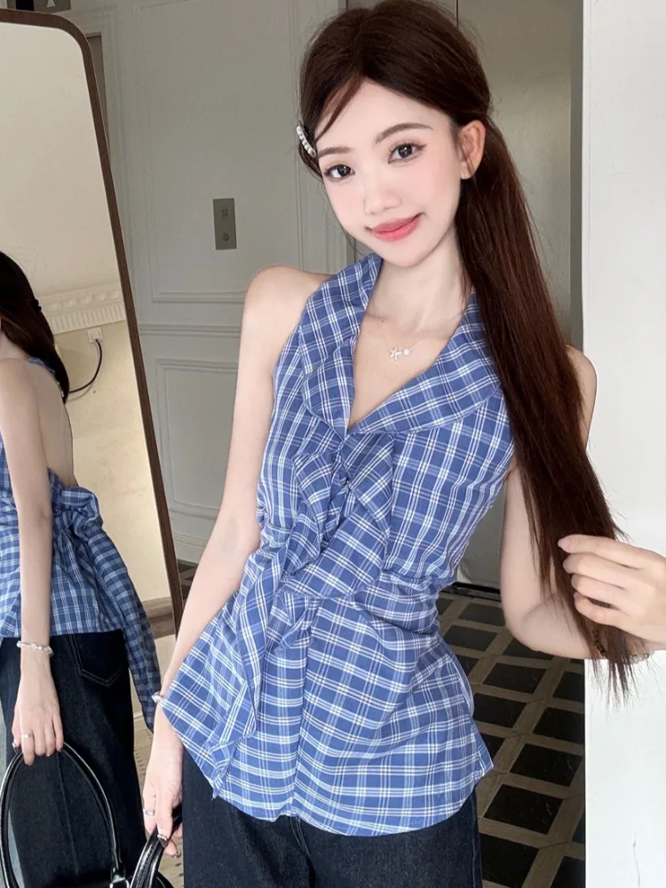 

Korean Style Simple Blue Plaid Neck Hanging Vest Design Sensation Small Crowd Spicy Girl Sleeveless Top Wide Leg Jeans