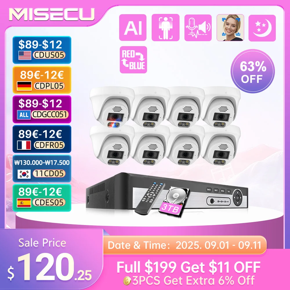 

Система видеонаблюдения MISECU, 8 каналов, 8 Мп, 5 МП, двухстороннее аудио, с датчиком лица и управлением через приложение Poe Xmeye