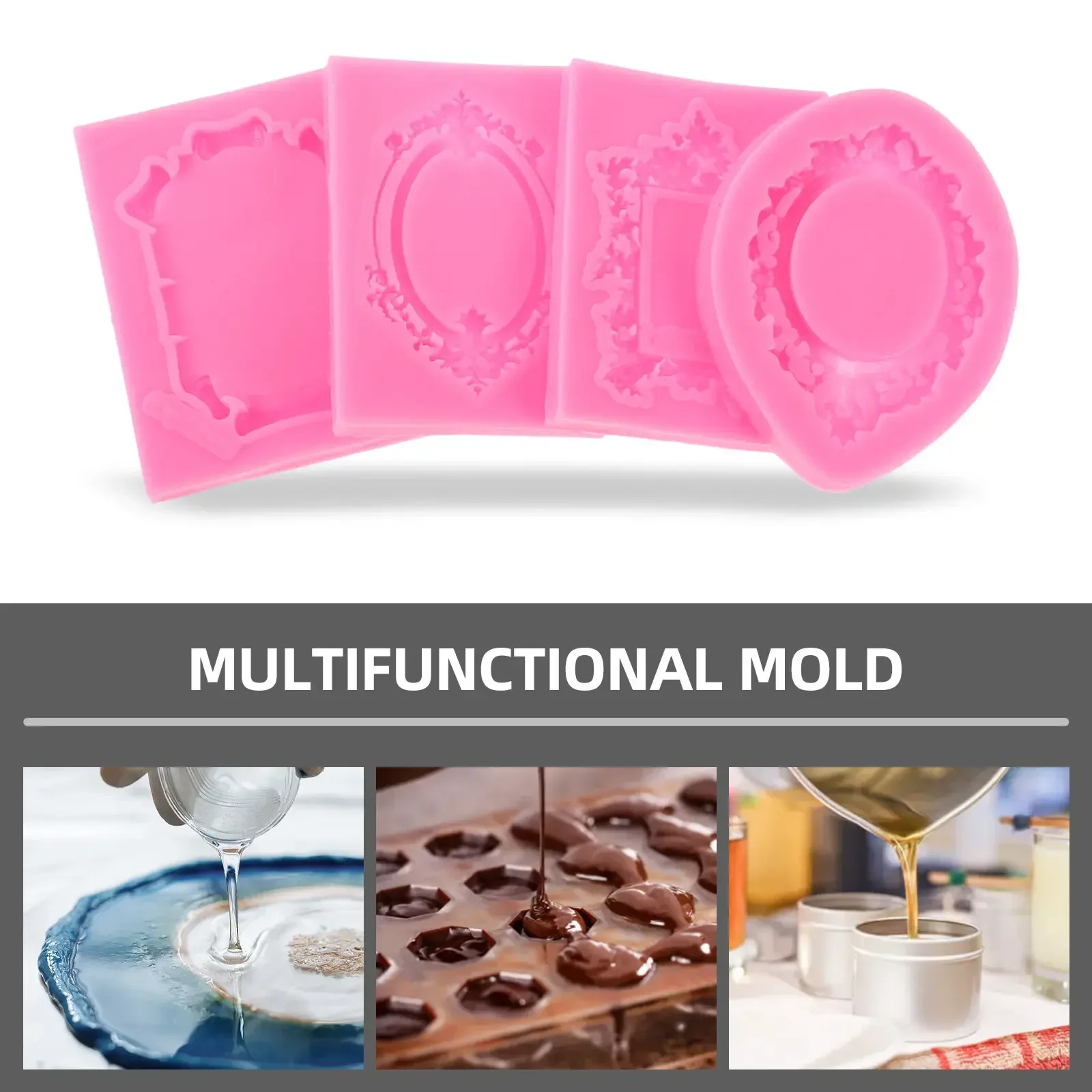 2026 Latest Models 4Pcs Retro Embossed Silicone Photo Frame Mold Resin Chocolate Candy Cake Baking Decor