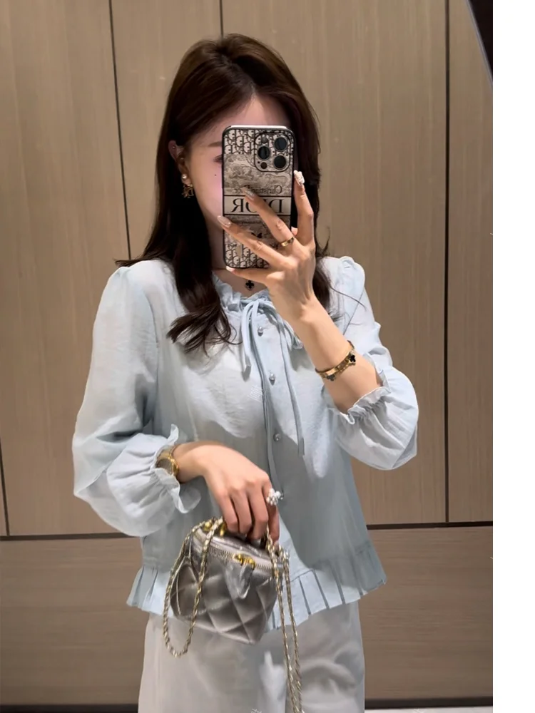 

Chic Early Spring Long Sleeve Women's Shirt Design Sensation Light Luxury Mint Morning Light Casual Loose Fit round Neck Butt...
