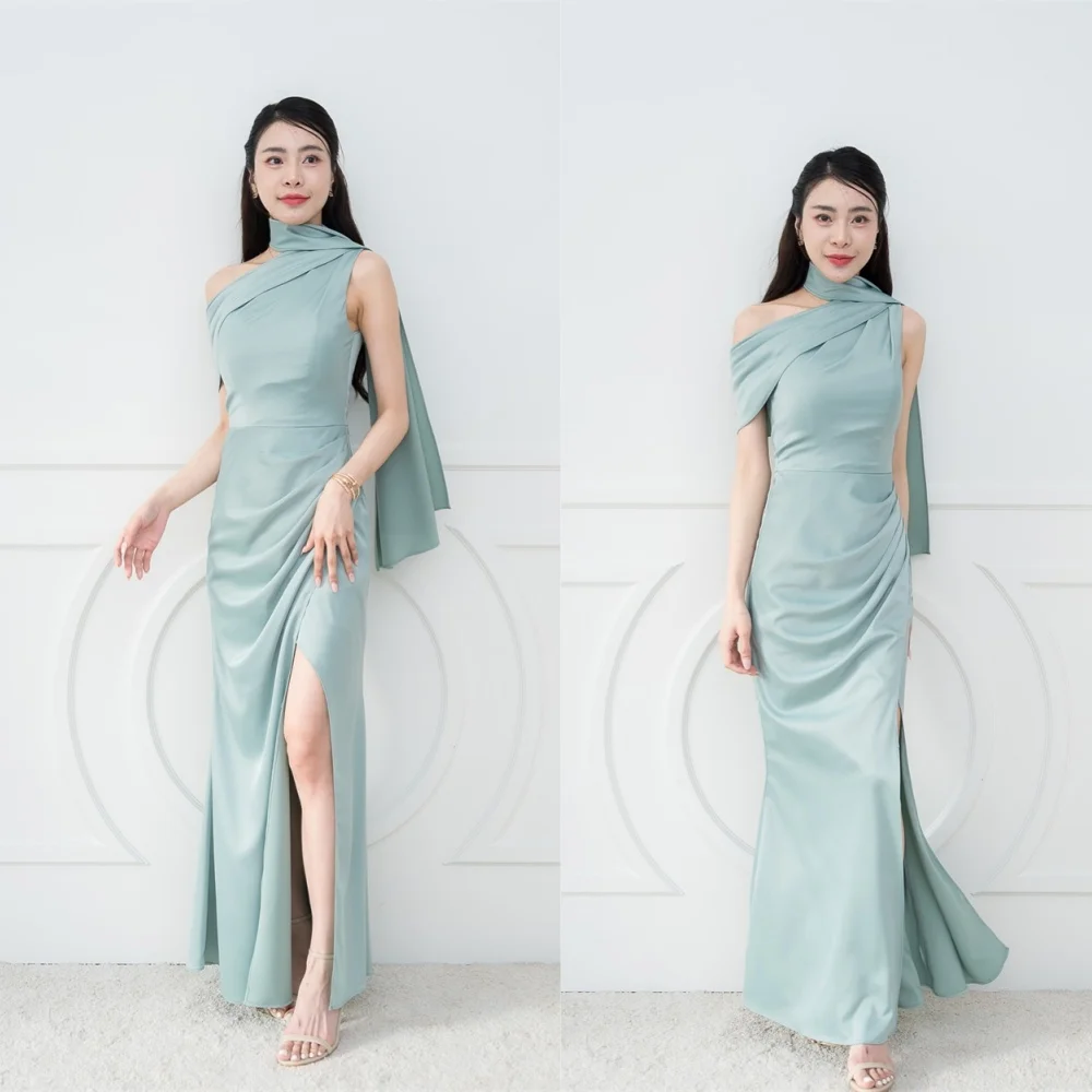 

Customized Elegant Halter Blue Satin Homecoming Dresses for Saudi Arabia Women Evening Dress Classic One Shoulder Prom Gowns