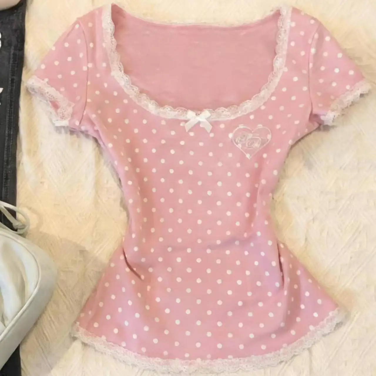 Harajuku Sweet Polka Dot T-Shirts Women Brown Bow Front Slim Fit Short Sleeve Tees Y2K Casual Cute Tops Fashion Trendy Comfy New
