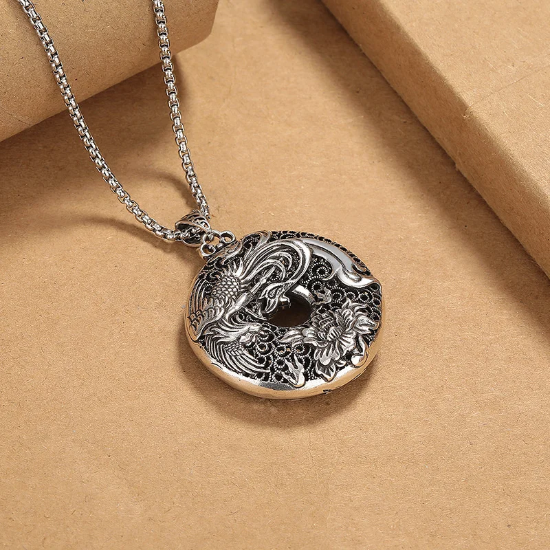 Vintage Dragon Phoenix Safety Bucklet Necklace For Men Worn Dyed Black Hollowed Pendant Male 925 Silver Chain Necklace Amulet