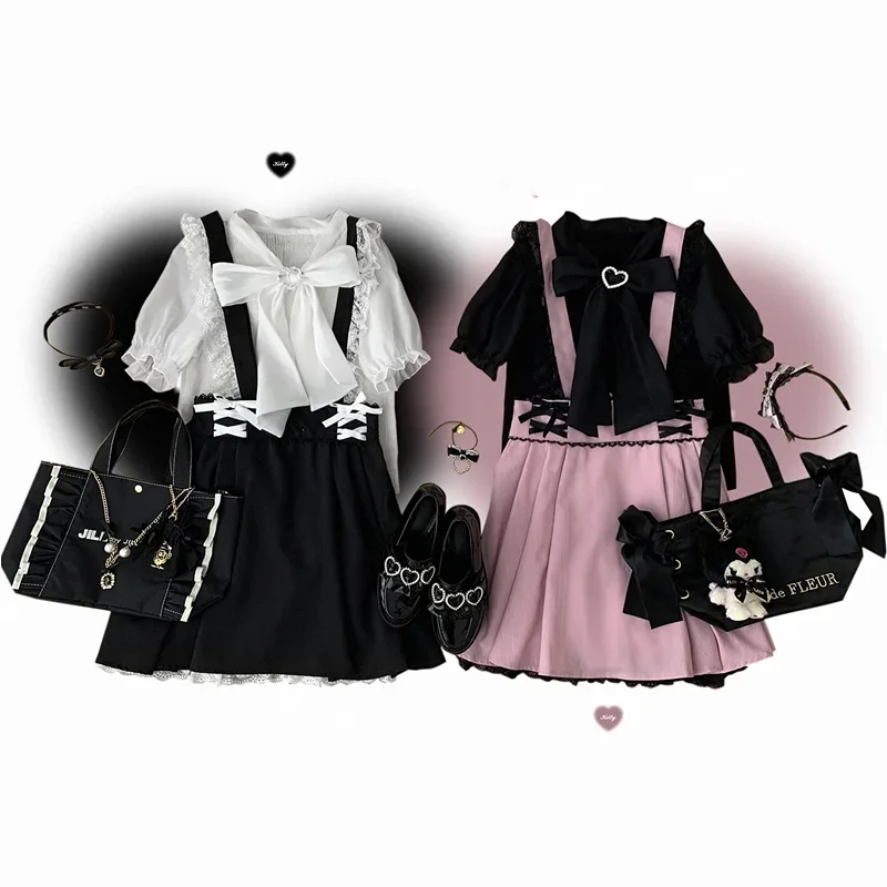 Japanese Sweet Black Lolita Shirts Woman Summer Cute Short Puff Sleeve Tops Kawaii Ruffles Lace Bow Blouses Chiffon Blusa Mujer