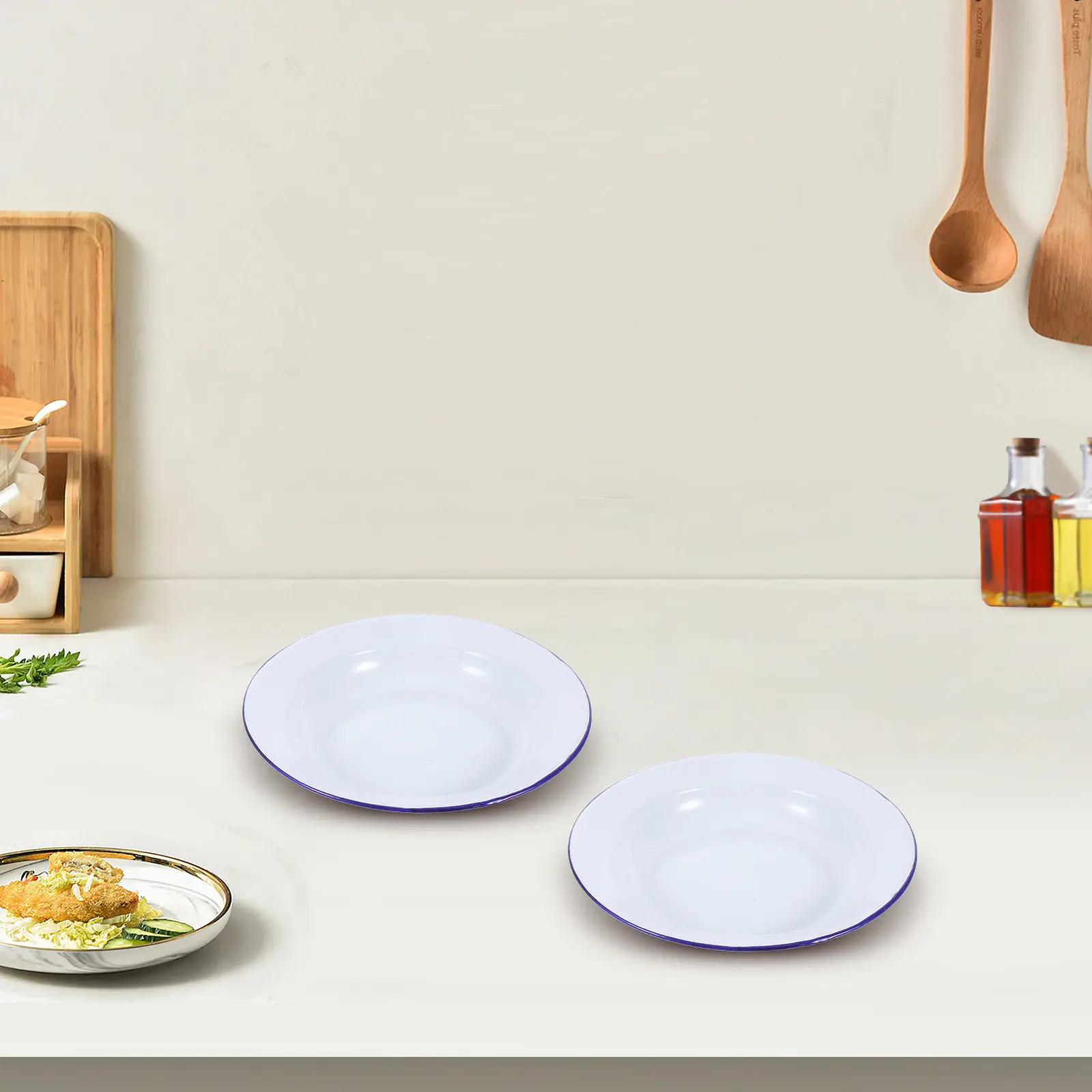 5Pcs Retro Enamel Dinner Plates Round Smooth Surface Stackable for Hot Pot Family Gatherings Snacks Salads Cheesecake Serving