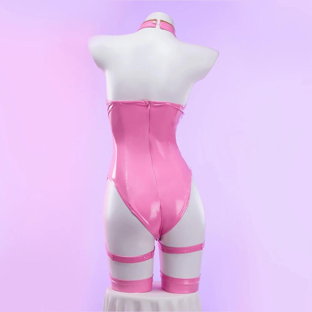 MOBBUNNY  Women Dio Lingerie Heart Cutout Halter Bodysuit with Gloves Leg Rings Cosplay Costume