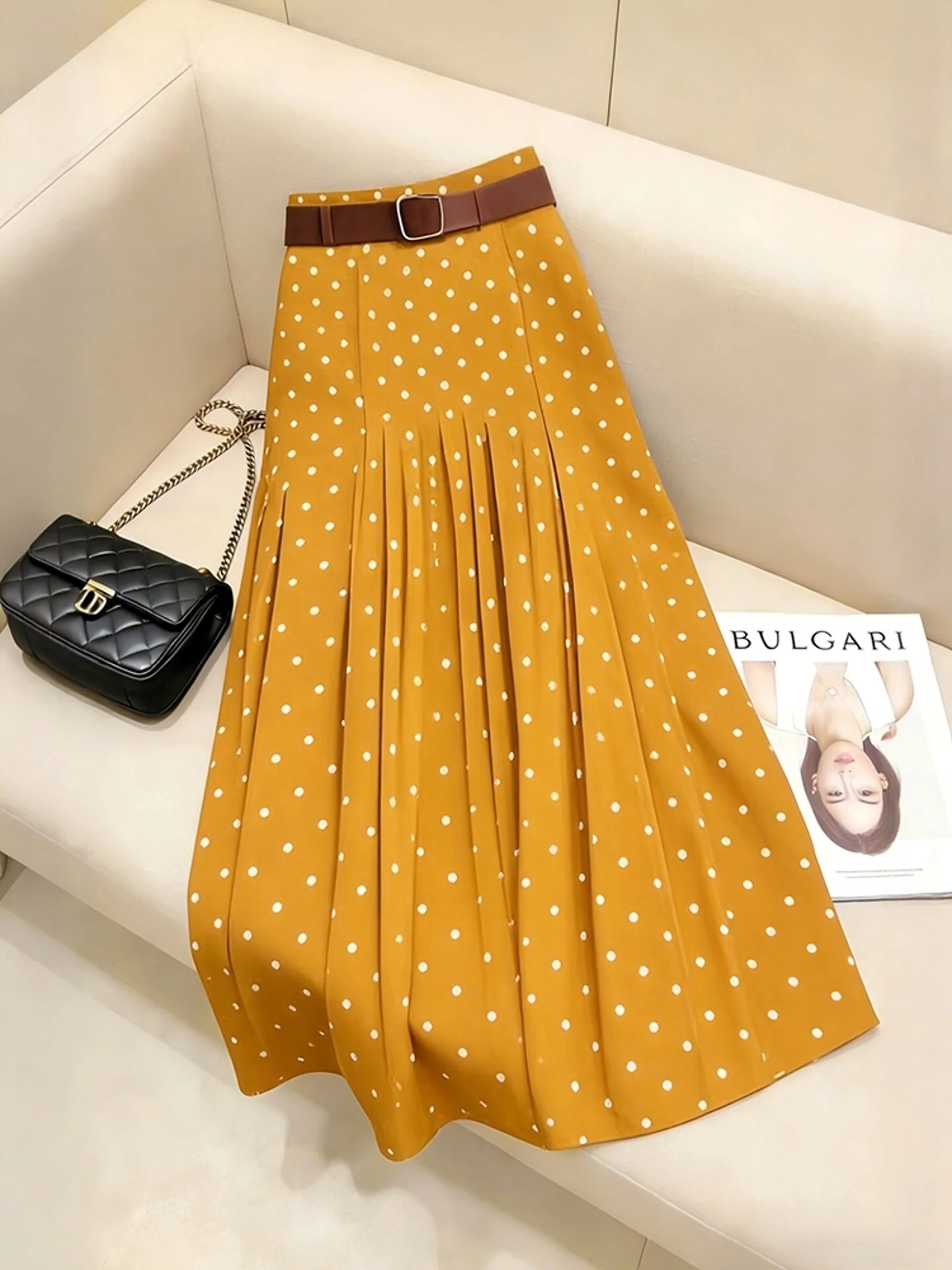 Summer 2026 Yellow Polka Dot A-Line  Skirt High Waist Cover Hip Pear Shape Body Beautiful Commuter Style Long Sleeve