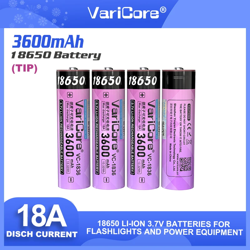 VariCore 新しいオリジナル VC-1836 + チップ 18650 バッテリー 3600mAh 3.7V 高ドレイン 18A リチウムイオン充電式懐中電灯 Vape パワーバンク用