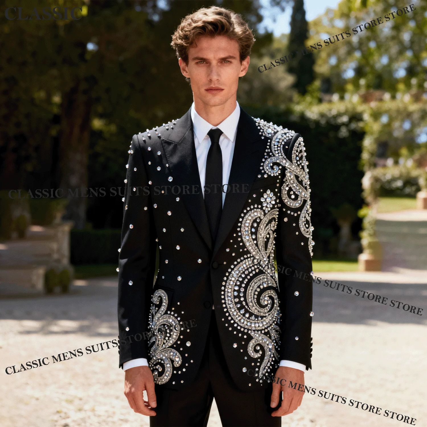 

Glitter Men Suits Metallic Jewelry Ornament Tuxedo 3 Piece Customized Wedding Groom Male Prom Blazer Slim Party Ternos Completo