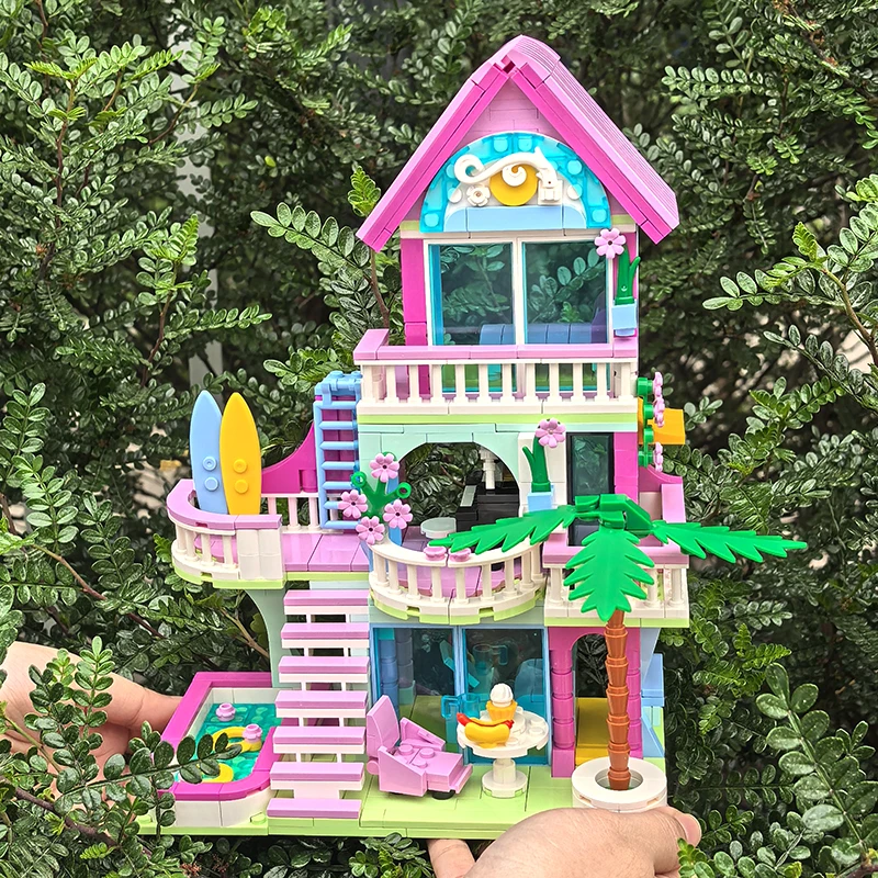 Friends City House Summer Holiday Villa Castle Building Blocks Pink Apartment Swimming Pool DIY Toys Christmas Gift for Kid Girl