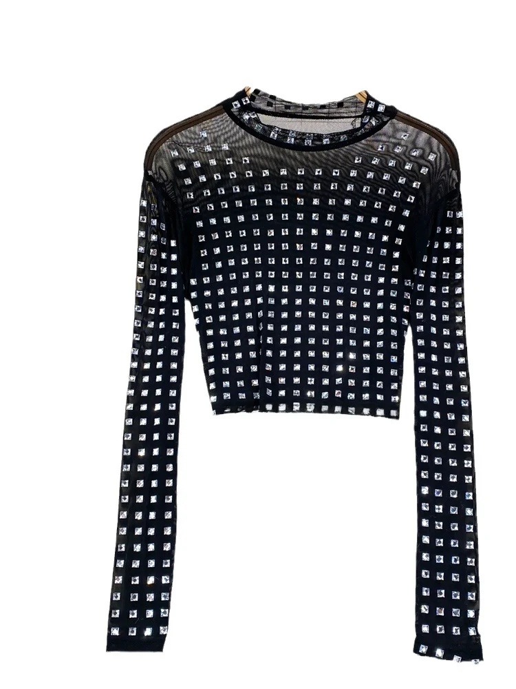 

Spring Autumn Faion Long Sve Diamond Embellied Stand Collar Slimming See tough Lace T irt Women Sli Base irt...