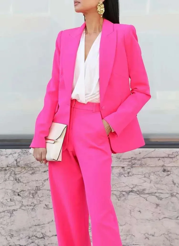 

Elegant Fashion New 2024 Spring Office Lady Pink Long Sleeve Women Blazer Tops and Pants Set High Quality