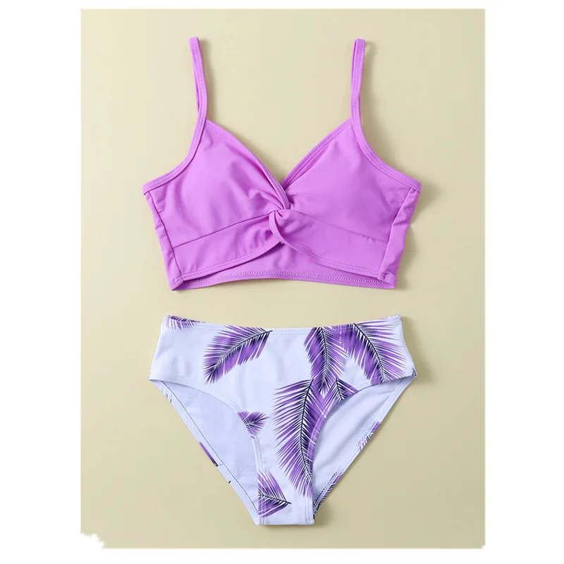 Girls High Waist Bikini Purple Swimsuit Kids Print Two Piece Children's Swimwear 7-12 Years Teenager Bathing Suit Beachwear 2024