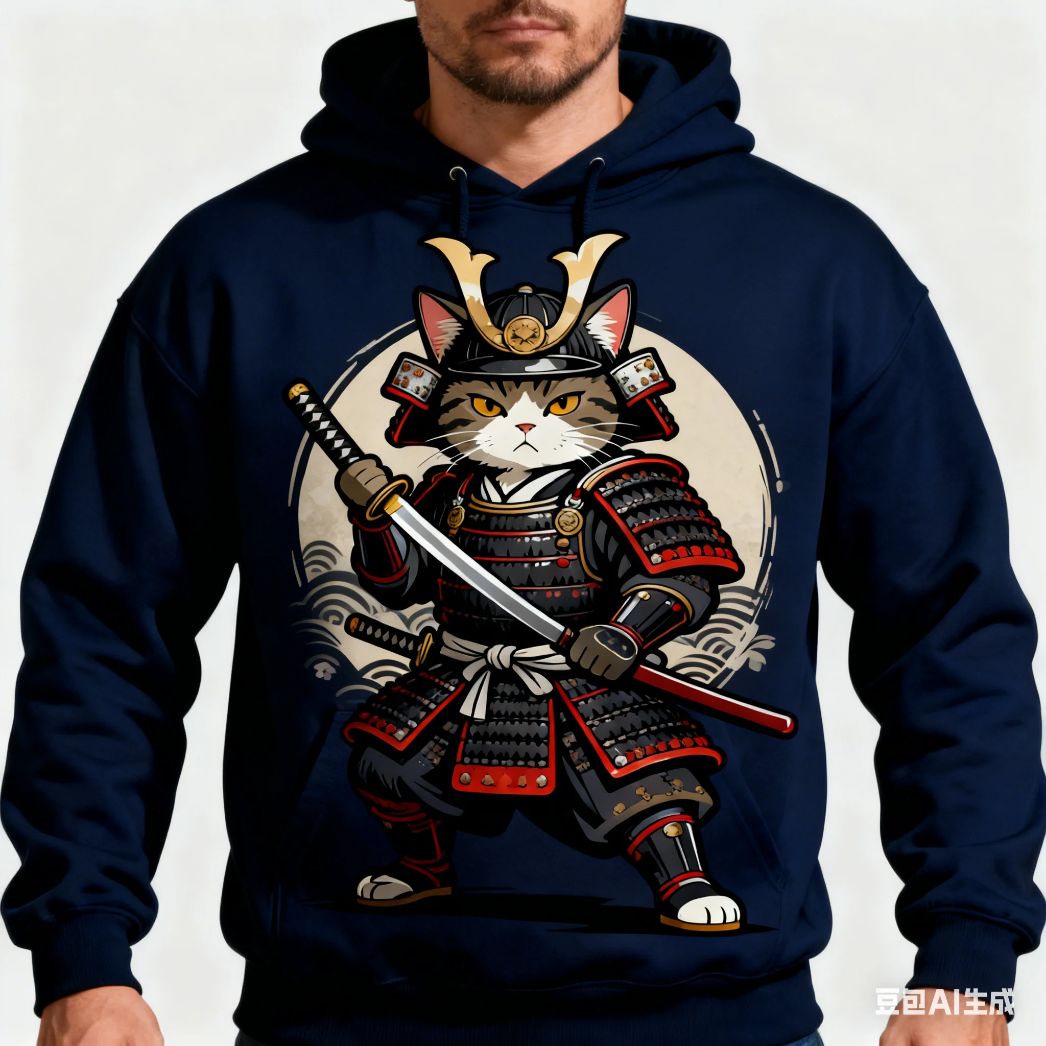 Japanese Samurai Cat Pattern Men's Sweatshirts Hip Hop Hoodie Autumn Winter Casual  Loose Pullover Street Fashion Trend Clothes