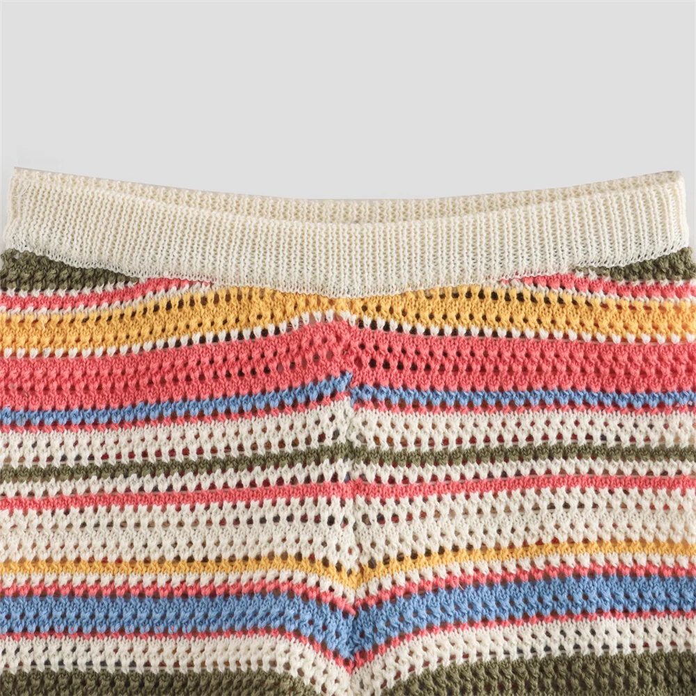 PB&ZA2024 Autumn New Women\'s Fashion Style Casual Versatile Stripe Crochet Knitted Top Shorts Two Piece Set