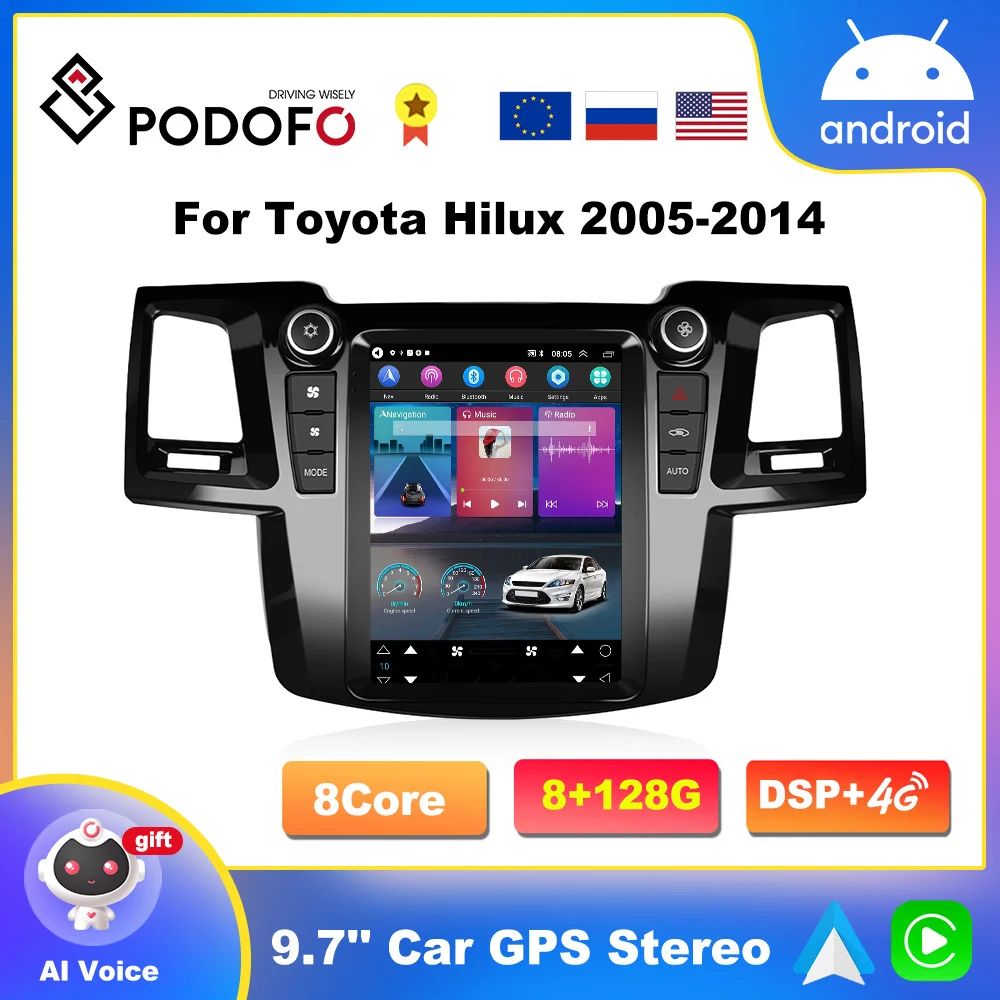 Podofo Android11 2din Car Radio For Toyota Hilux 2005-2014 Carplay Autoradio Multimedia Player Stereo HiFi Music Navigation GPS