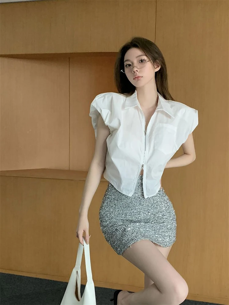 Jmprs Fashion Zipper Women Shirt Summer Sleeveless Black Causal Office Ladies Tops Designed Korean White Crop Tops