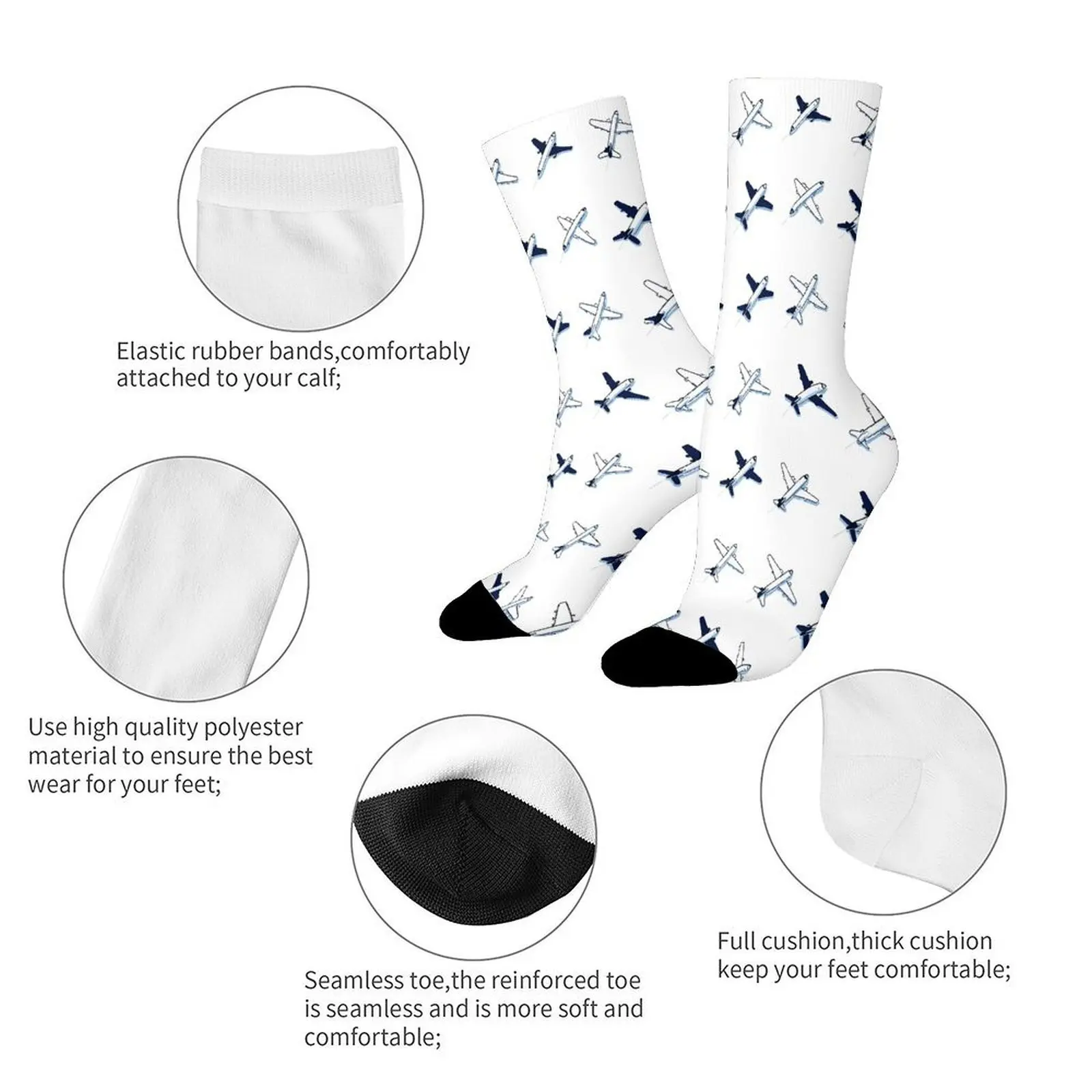 A Pair of Unisex Outdoor Socks Featuring an Airplane Design Festive Printed Mid-Calf Socks Machine Washable Suitable for Sports