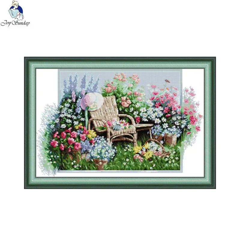 Joy Sunday Garden Chairs Printed Canvas 16CT 14CT 11CT Cross Stitch Patterns Embroidery DMC Threads Painting Hobby Sewing Decor