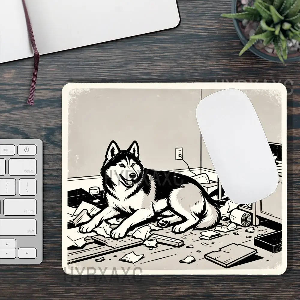 

HYBXAXC Funny Husky Dog Messy Room Small Mouse Pad Black White Anti-Slip Computer Keyboard Wireless Boy Girl Gift for Play games