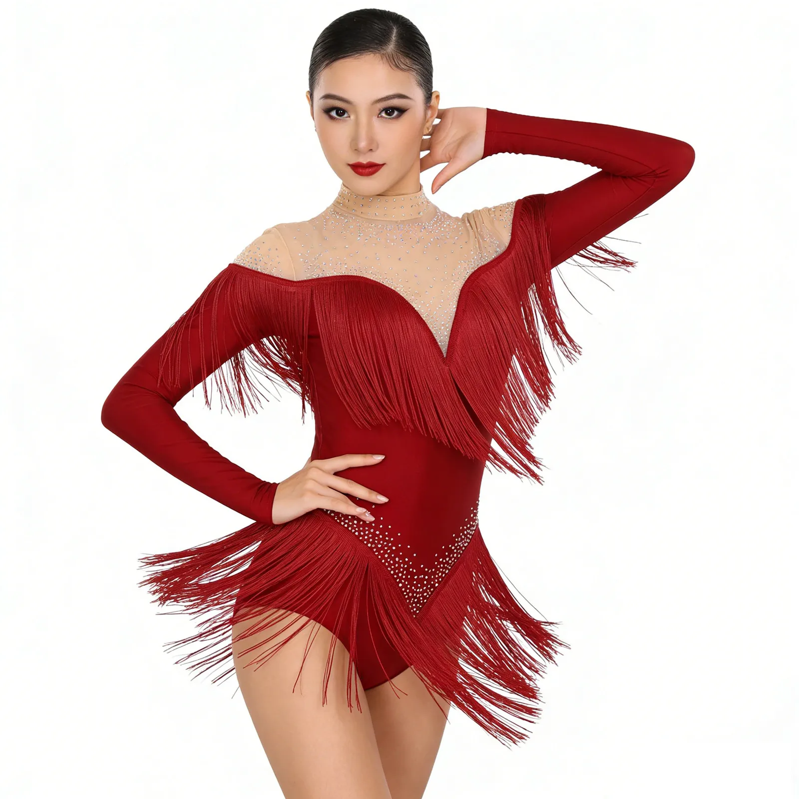 

Womens Latin Ballet Dance Dress Figure Roller Skating Leotard Dress Dancewear Tassel Gymnastics Leotards Ballet Jersey Bodysuit